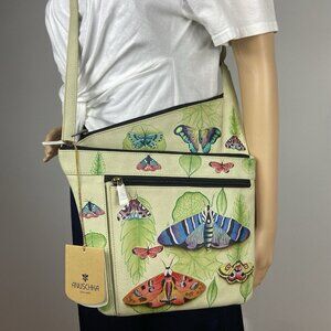 ANUSCHKA Leather Hand Painted Asymmetric Slim Crossbody Bag Butterfly Moth Print